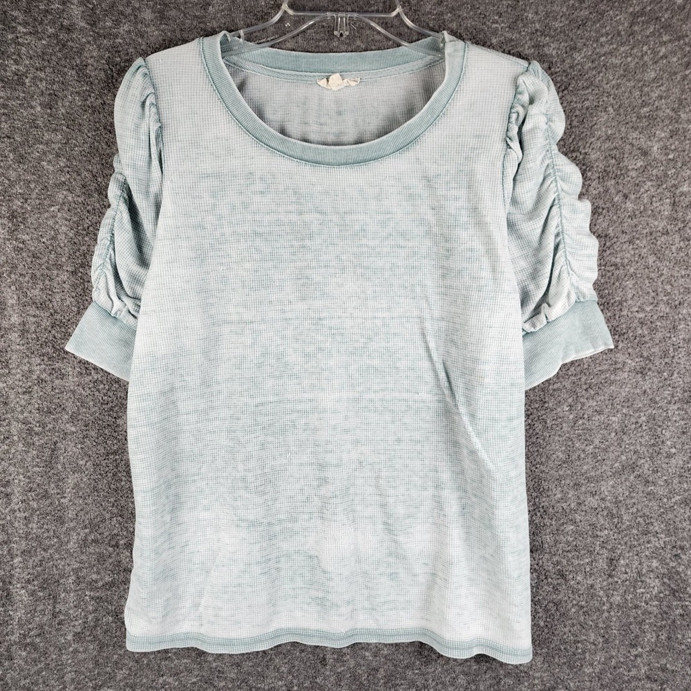 Jane and Delaney Top Womens L Waffle Knit Light Blue Ruched Short Sleeve EUC